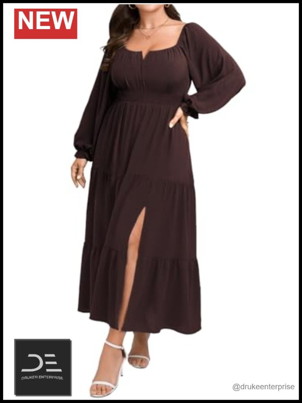 Plus Size Formal Maxi Dress Long Sleeve Square Neck A Line Tiered Flowy Wedding